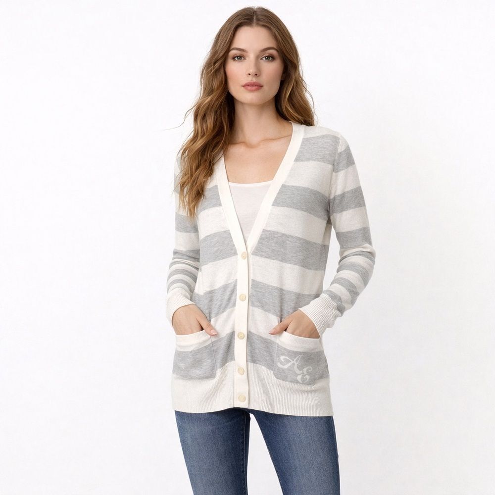 American Eagle RARE y2K Striped Gray Cardigan Monogram Initials Pocket Size M - Picture 1 of 6